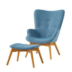 Hariata Muted Blue Fabric Contour Chair and Ottoman Set