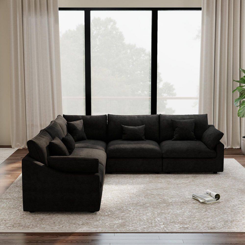 118.11 in. Slope Arm 5-Piece Deep Seat Down Linen Modular Sectional Sofa Free Combination with Removable Cover in Black