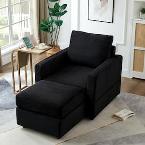 Black Polyester Classic Corduroy Chaise Lounge with Ottoman for Living Room