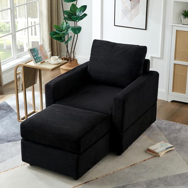JUJABU Black Polyester Classic Corduroy Chaise Lounge with Ottoman for Living Room