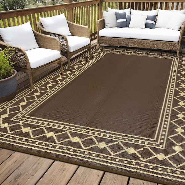 Geometry Modern Outdoor Area Rugs Waterproof Stain Resistant Camping Throw Carpet for Deck Picnic Backyard Brown 9*18