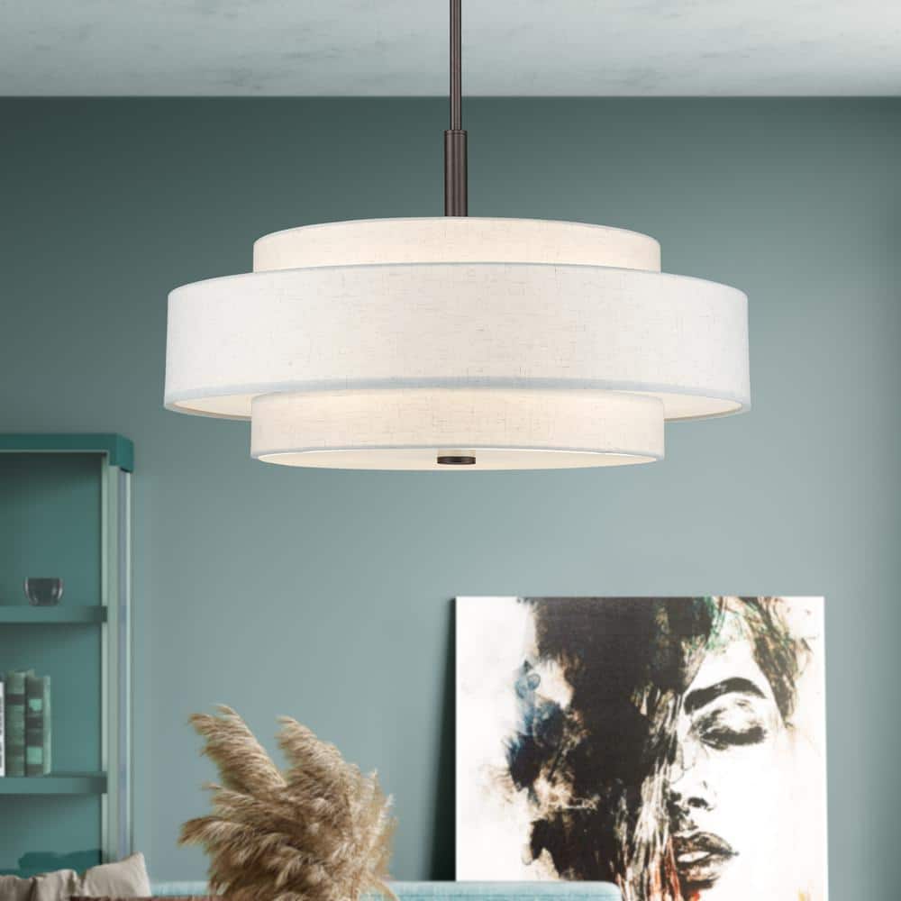 English Bronze Drum Shade Pendant Light with Oatmeal Fabric