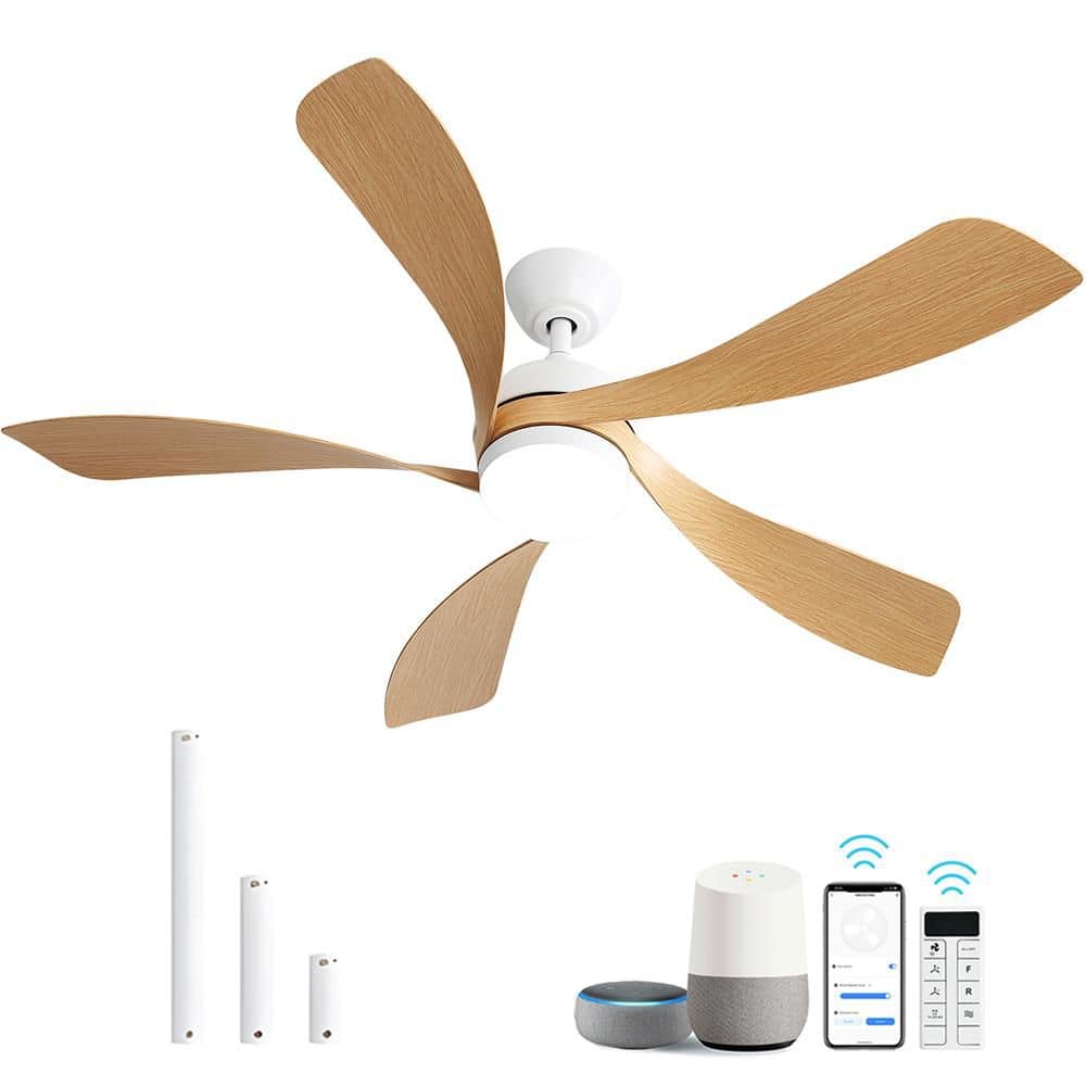 52 In. Indoor/Outdoor White Smart Downrod Ceiling Fan with Integrated LED and 6 Speed DC Remote APP Control