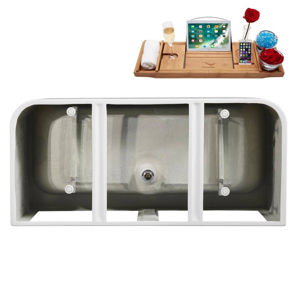 55" Glossy White Acrylic Freestanding Soaking Bathtub with Bamboo Tray