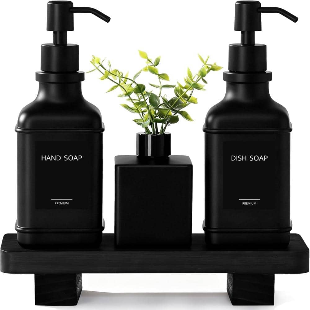 16 FL OZ Black Glass Kitchen Soap Dispenser Set with Wood Tray,Glass Soap Dispensers with Pump price history on PriceWatchPro
