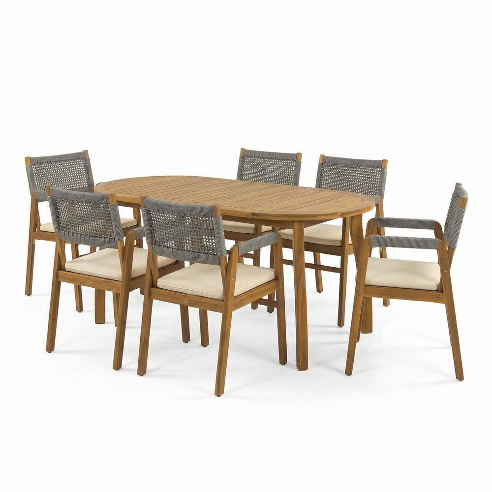 Matan 7-Piece Oval Gray Solid Wood Top Outdoor Dining Table Set with Beige Cushion Seats 6 price history on PriceWatchPro