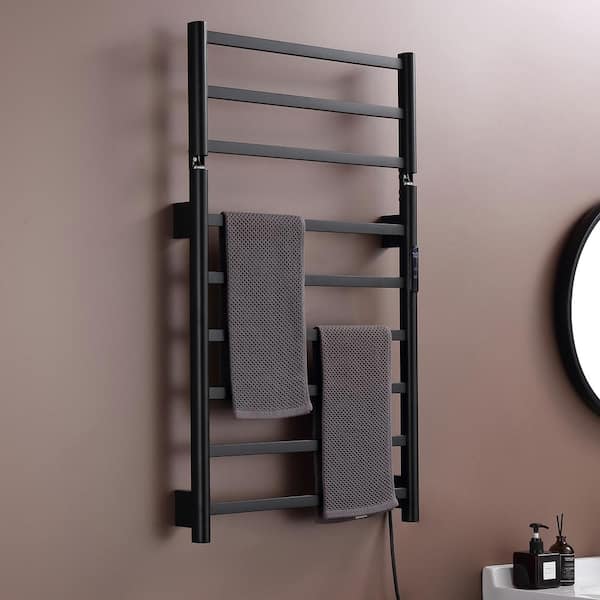 Timer 9 Towel Holders Wall Mounted Plug-In/Hardwired Towel Warmer Heated Towel Racks Stainless Steel in Matta Black