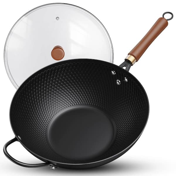 Large 13 in. Black Carbon Steel Induction Wok Pan with Glass Lid, Naturally Nonstick Pre-Seasoned Woks & Stir-Fry Pans