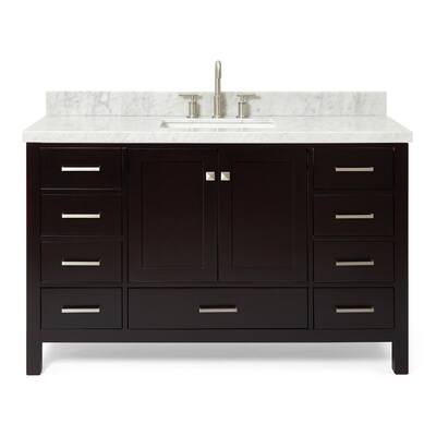 Cambridge 55 in. Bath Vanity in Espresso with Marble Vanity Top in Carrara White with White Basin