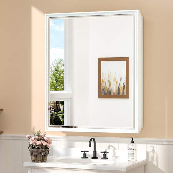 26 in. W x 30 in. H Rectangular White Aluminum Alloy Framed Recessed/Surface Mount Medicine Cabinet with Mirror