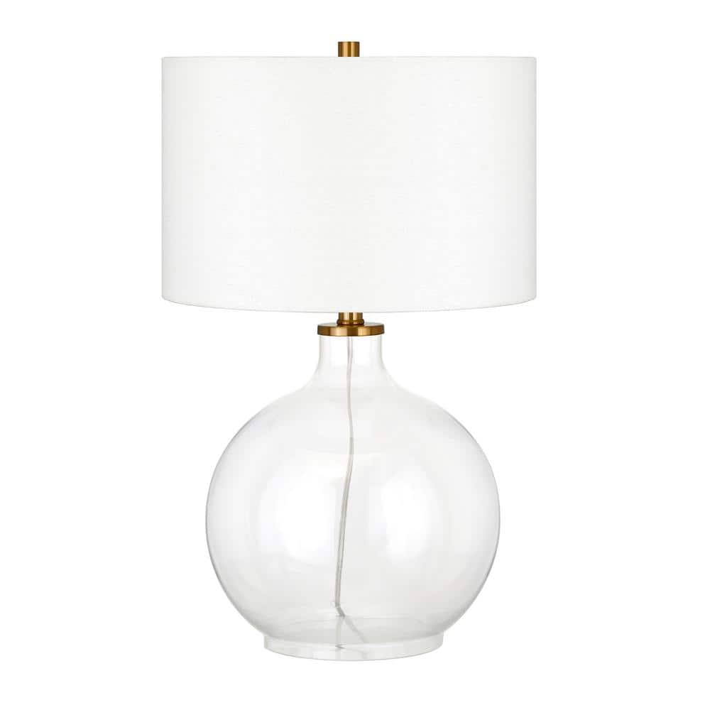 Clear Glass and Brass Nightstand Lamp with White Barrel Shade