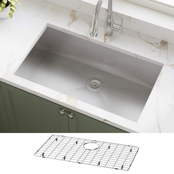 32 in. Undermount Single Bowl 16-Gauge Brushed Stainless Steel Kitchen Sink with Bottom Grids