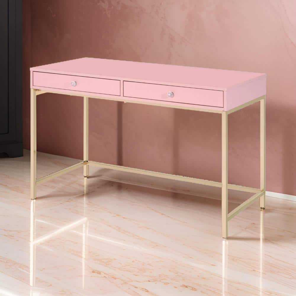 Pink and Gold Wood Writing Desk with Hutch and USB Port