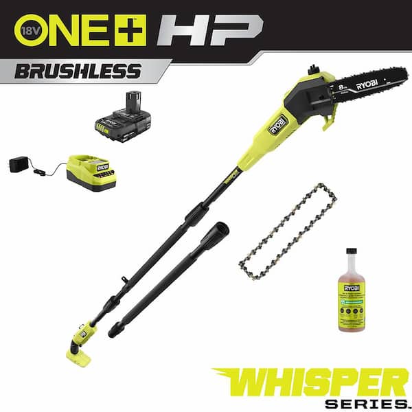 RYOBI ONE+ HP 18V Brushless Whisper Series 8 in. Cordless Pole Saw with Extra Chain, Bar and Chain Oil, Battery, and Charger
