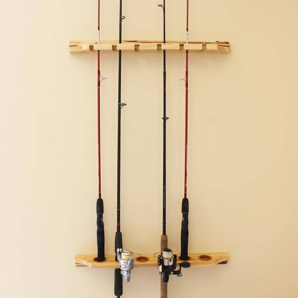 Rustic Light Brown Wood Wall-Mounted Fishing Rod Rack