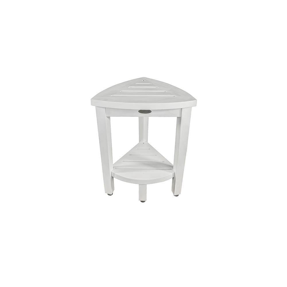 Adjustable White Teak Wood Corner Shower Bench with Shelf