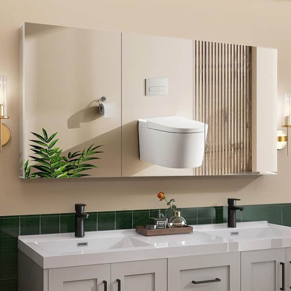 Vie 60 in. W x 30 in. H White Rectangular Recessed or Surface Mount Aluminum Medicine Cabinet with Mirror Tri-View Clear