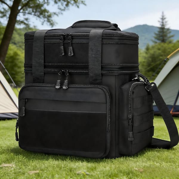 Military Lunch Bag with Dual Compartments, Leakproof Insulated, 15L Capacity, Multi-Pocket Design for Work Travel, Black