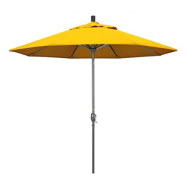 California Umbrella 9 ft. Hammertone Grey Aluminum Market Patio Umbrella with Push Button Tilt Crank Lift in Sunflower Yellow Sunbrella