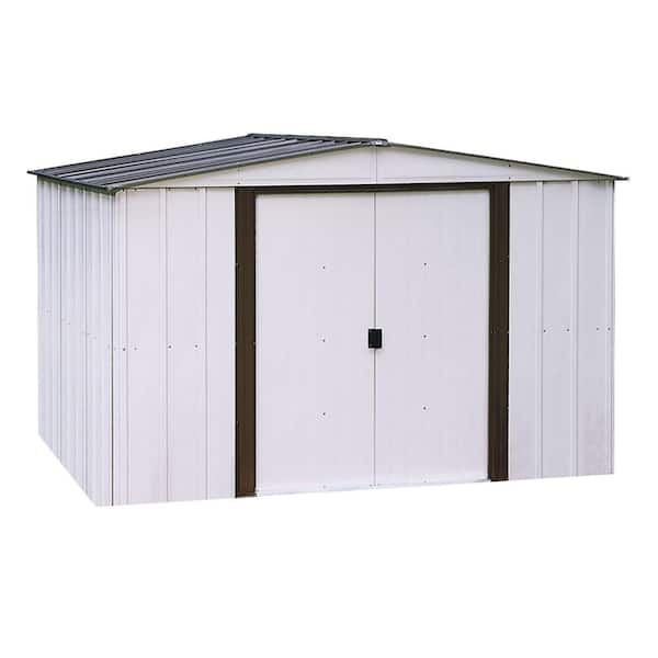 Arrow Newport 10 ft. W x 8 ft. D 2-Tone Eggshell and Coffee Galvanized Metal Shed 74 sq.ft sq. ft. with Sliding Lockable Doors