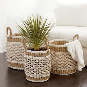 Brown Plastic Boho Storage Basket 18 in., 17 in., and 16 in. (Set of 3)