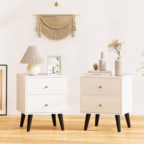White 2 Drawer 15.5 in. W Nightstand with Storage, Small Accent Table with Golden Knobs
