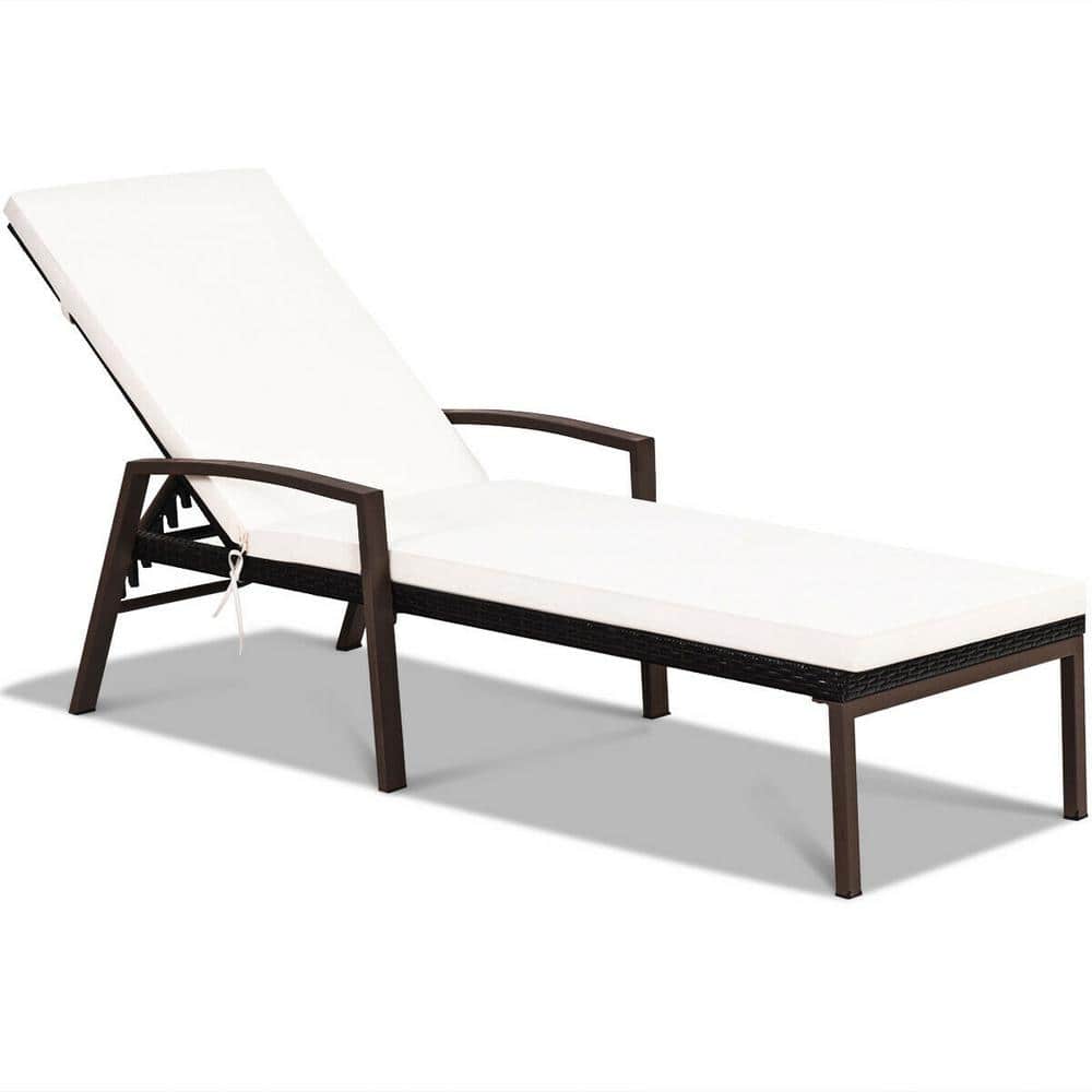 Rattan Outdoor Lounge Chair Adjustable Backrest Chaise Recliner with White 