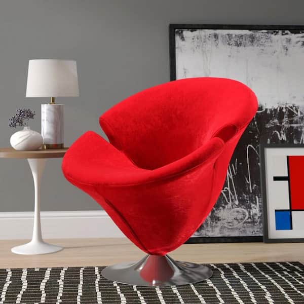 Tulip Modern Red and Polished Chrome Velvet Upholstered Swivel Accent Occasional Chair (Set of 2)
