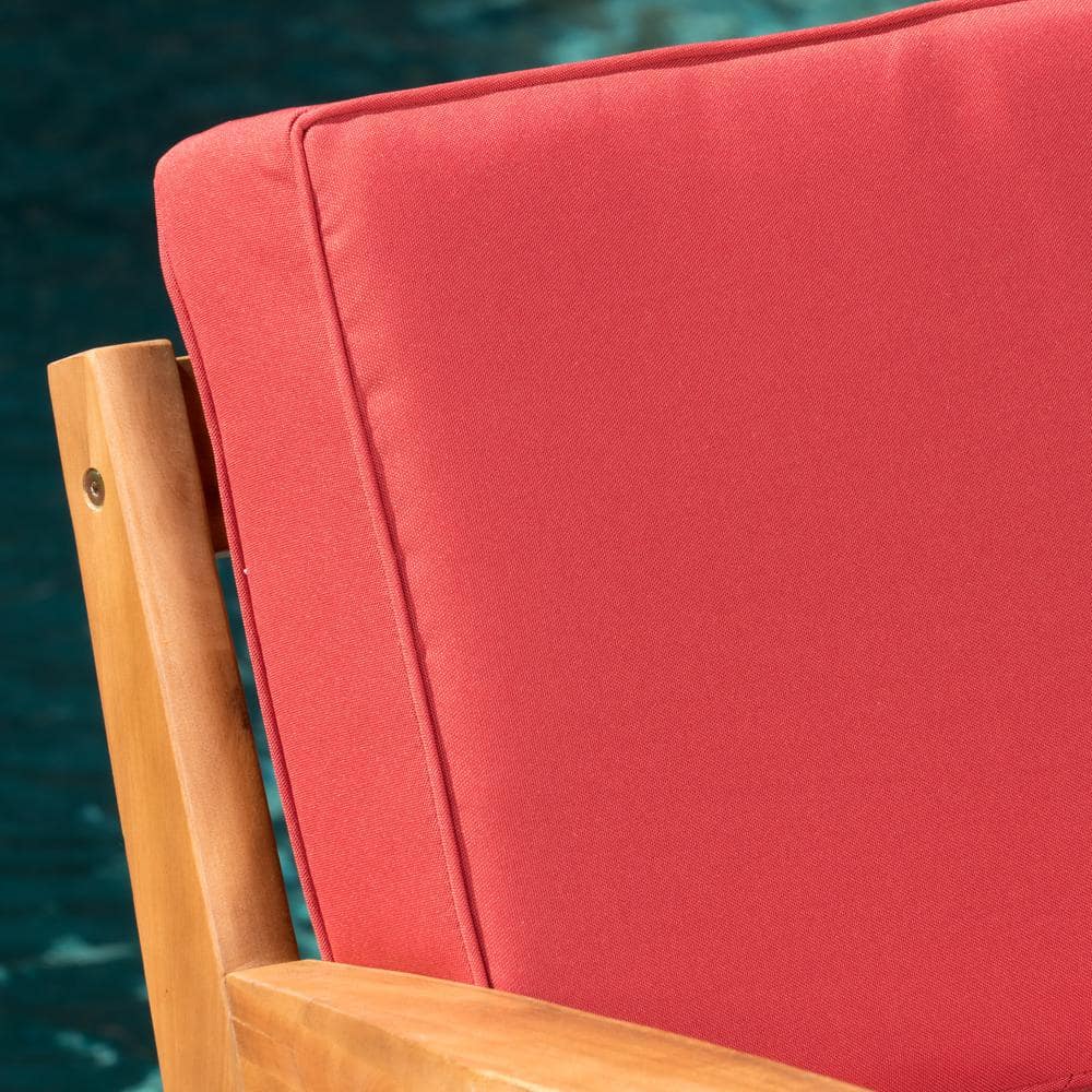 Teak Finish Wood Lounge Chairs with Red Cushions