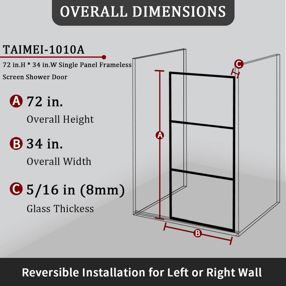 34-Inch Matte Black Framed Shower Door with Patterned Glass