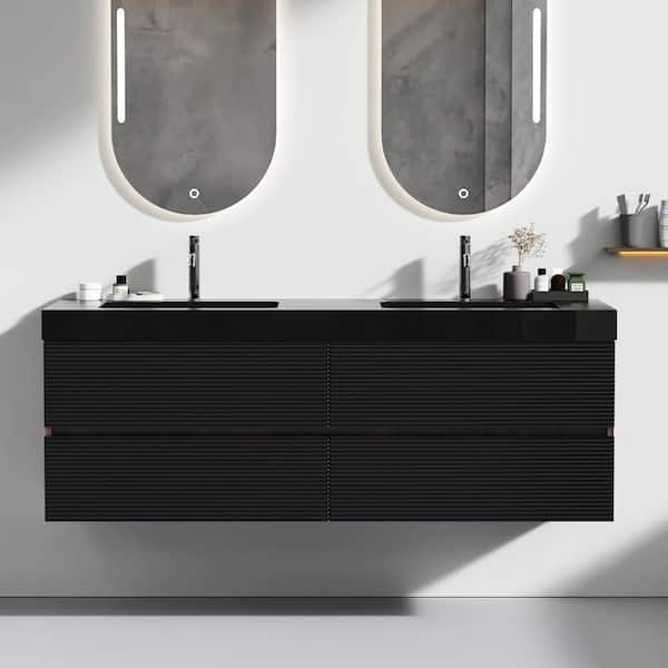 60 in. Fully Assembled Double Sink Bath Vanity in Walnut with Black Engineered Quartz Composite Top
