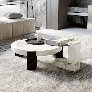 39 in. Artificial Geometry Modern Nesting Round Coffee and End Table Set with C Shaped Tempered Glass Top Side Table
