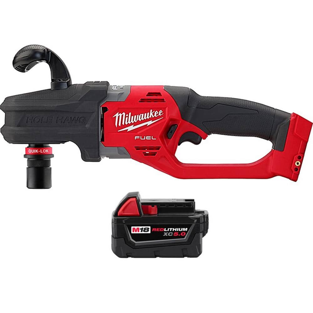 Milwaukee M18 FUEL 18-Volt Lithium-Ion Brushless Cordless Hole Hawg 7/16  in. Right Angle Drill with Quick-Lok, XC 5.0 Ah Battery 2808-20-48-11-1850  The Home Depot