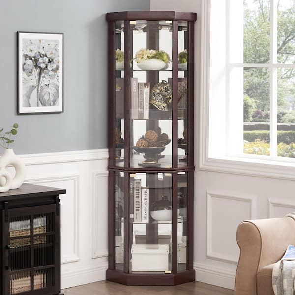 Dark Cherry-A 69 in. H Lighted Glass Display Case for Antique Collections & Wine-Includes Built-in Lighting