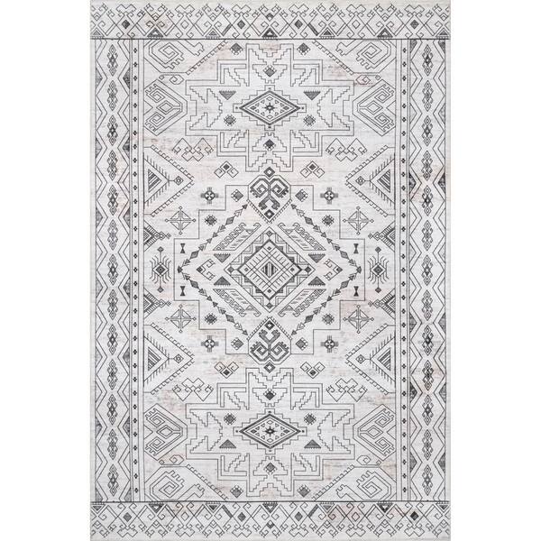 nuLOOM Malena Tribal Bordered Machine Washable Light Gray 6 ft. x 9 ft. Indoor Rectangle Area Rug