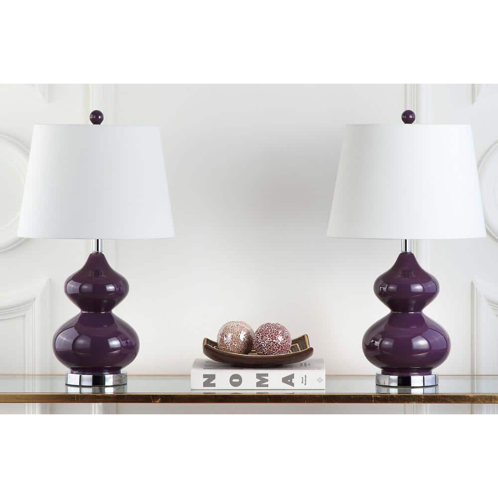 Eva Double Gourd Dark Purple Glass Table Lamp Set with Silver Accents
