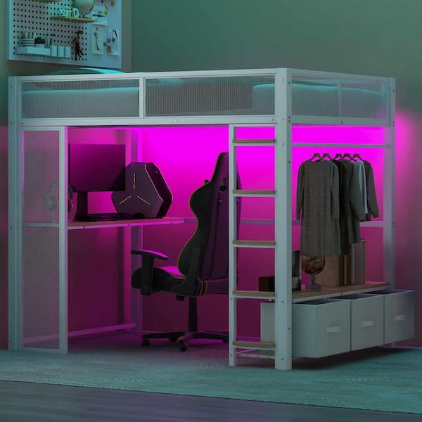Polibi White Full Size Wood Loft Bed with LED, Desk, Open Wardrobe and 3 Linen Storage Drawers