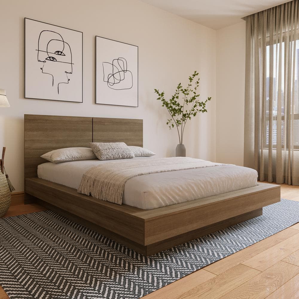 Nexera Napa Brown Oak Frame Queen Size Platform Bed with Headboard