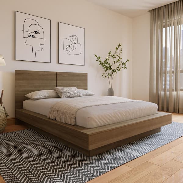 Napa Brown Oak Frame Queen Size Platform Bed with Headboard