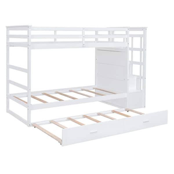 White Twin Over Twin Wood Bunk Bed with Trundle and Storage Staircase