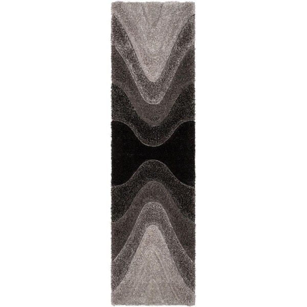 San Francisco Luz Modern Geometric Shag Hand-Carved, Black 2 ft. 7 in. x 9 ft. 10 in. Runner, Area Rug