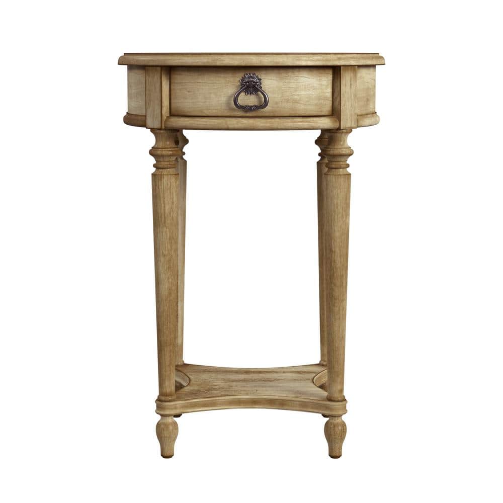 Antique Beige Round Wooden End Table with Storage Drawer
