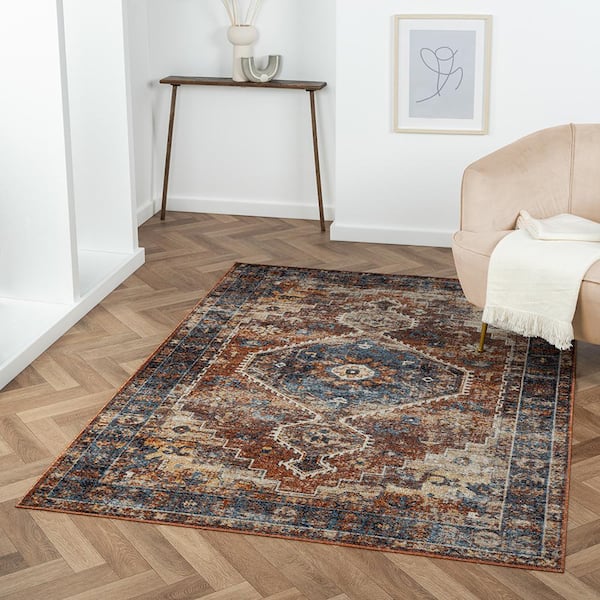 Lara Carribean Sea Blue/Adobe Orange 5 ft. x 7 ft. Contemporary Distressed Bordered Medallion Machine-Washable Area Rug
