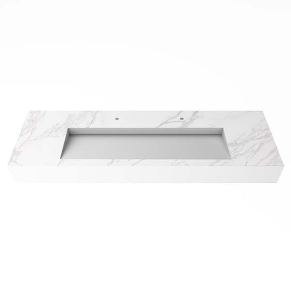 Pyramid 60 in. Wall Mount Solid Surface Single-Basin Rectangle Bathroom Sink in Matte White Marble