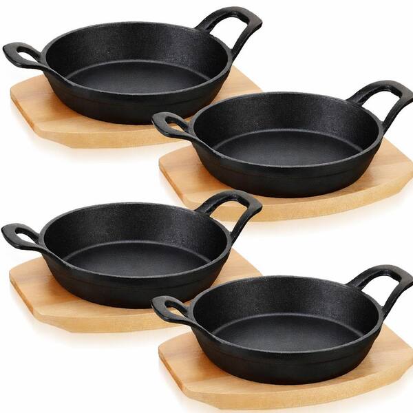 4-Piece Pre-Seasoned Cast Iron Skillet Set with Wood Base Versatile Cooktop Compatible for Baking Cooking