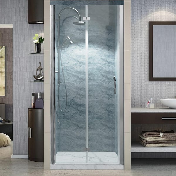 34 in. W x 72 in. H BiFold Frameless Shower Door in Chrome with Clear Glass