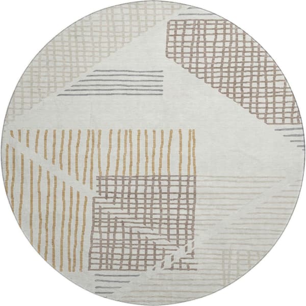 Mayfield Premium Machine Washable Abstract AMF2270 Ivory 8 ft. x 8 ft. Round Rug