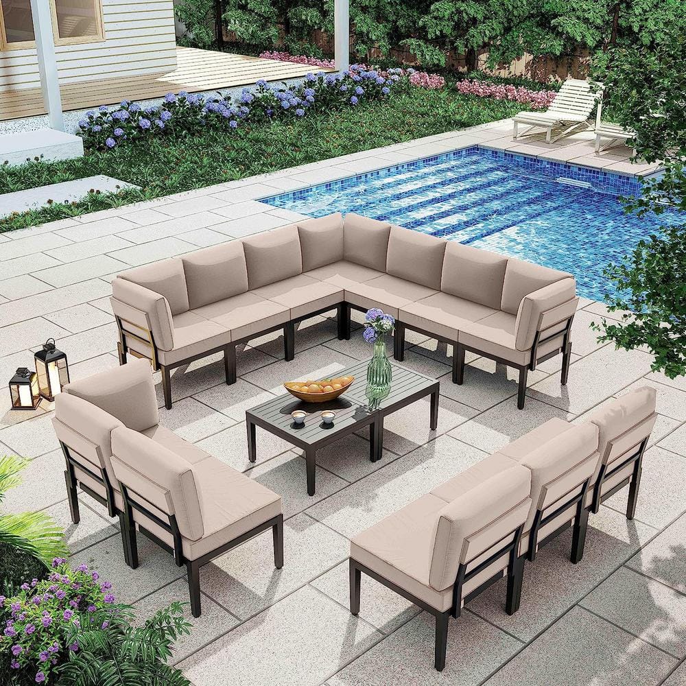 14-Piece Sand Iron Patio Sectional Set with Cushions