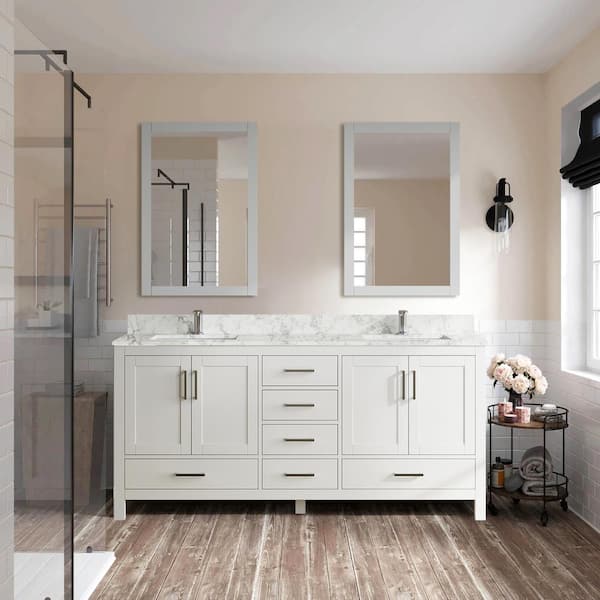 ANGELES HOME 72 in. W x 22 in. D Solid Wood Freestanding White Bath Vanity with Carrara White Marble Top and Double Ceramic Sink