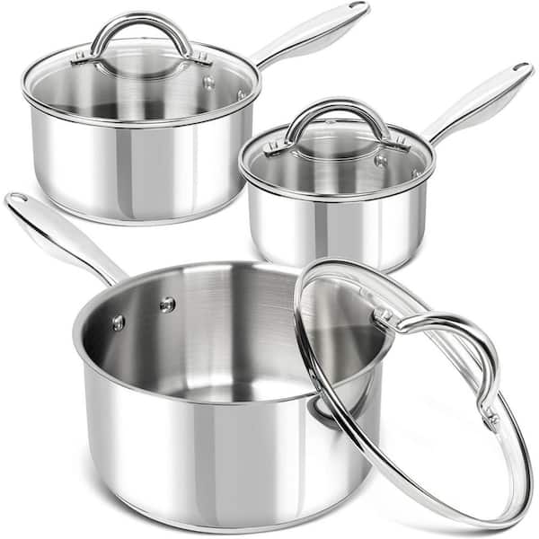 1Qt 2Qt 3Qt Stainless Steel Nonstick Sauce Pan Set in Silver with Lid Induction Compatible 6-Piece Pack